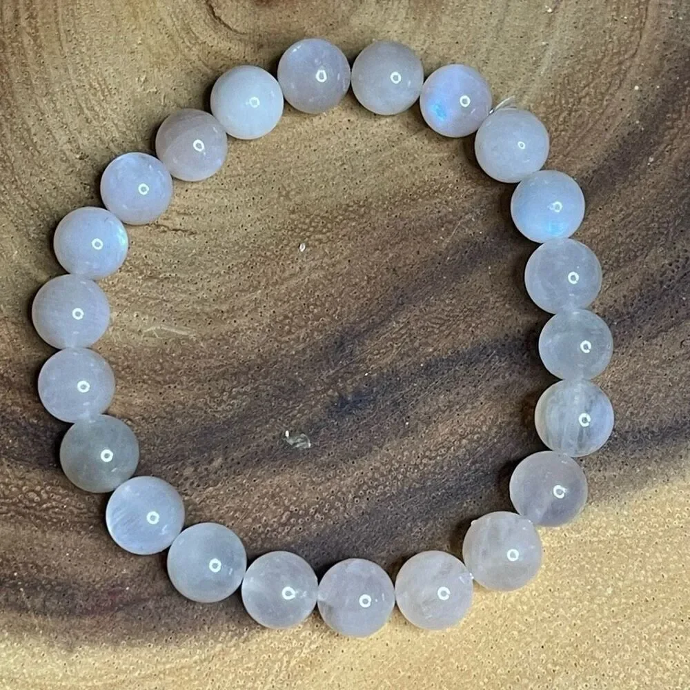 White Moonstone beaded bracelet 7” crystal healing beads 8mm blue flash